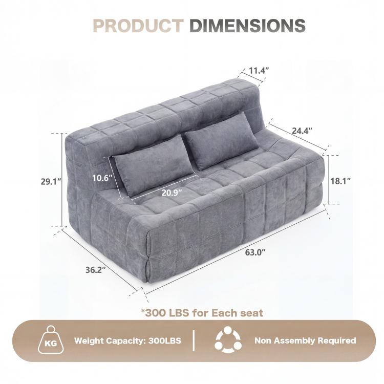 Grey upholstered sofa chair with rounded arms, two back cushions, and 3-seat layout