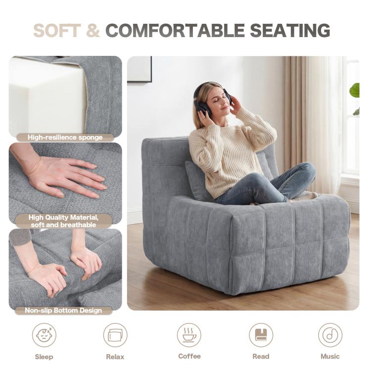 Grey sofa chair with thick high-resilience sponge padding and textured upholstery