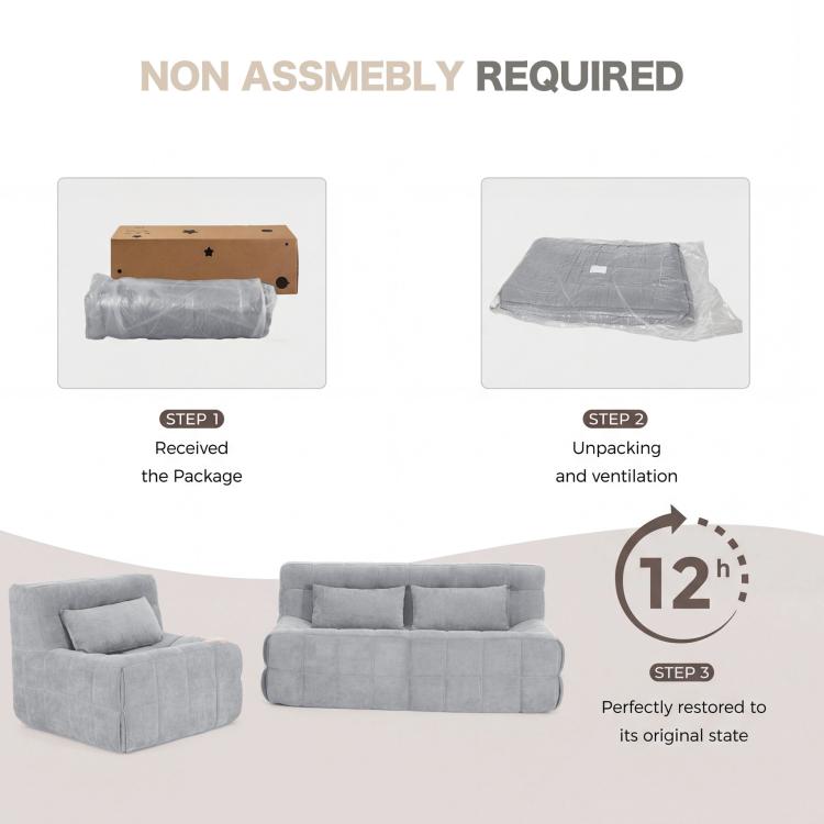 Grey sofa chair setup shown as non-assembly required with restored cushions