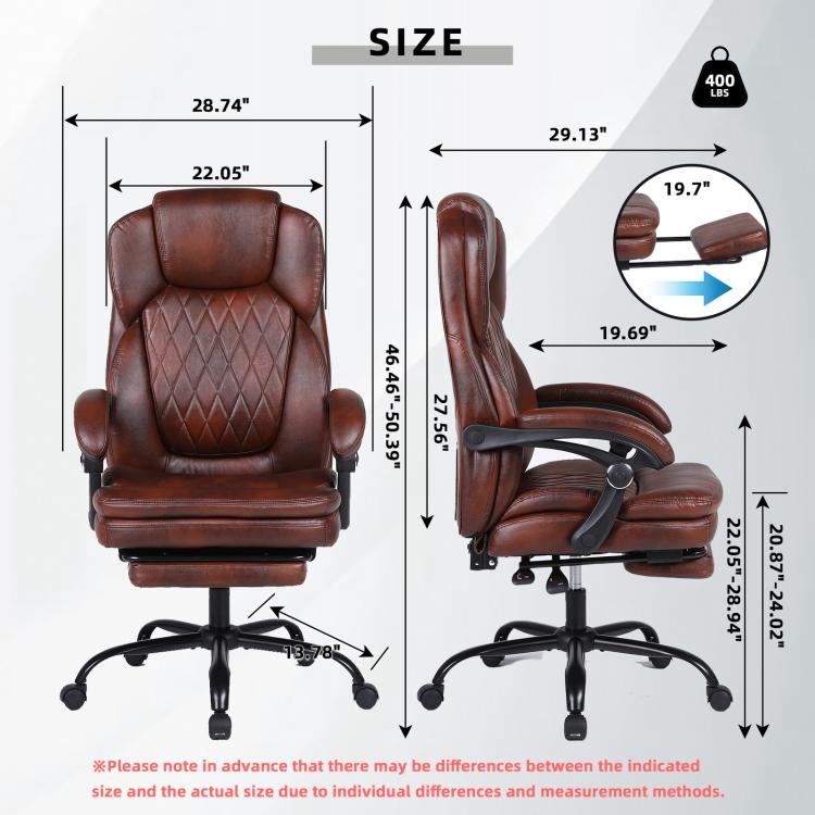 Brown reclining office chair with footrest, curved arms, and wide padded seat