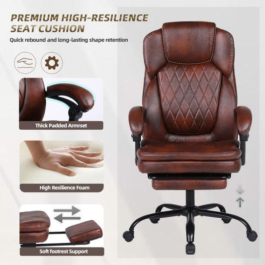 Brown PU leather executive chair with padded headrest, lumbar support, and footrest