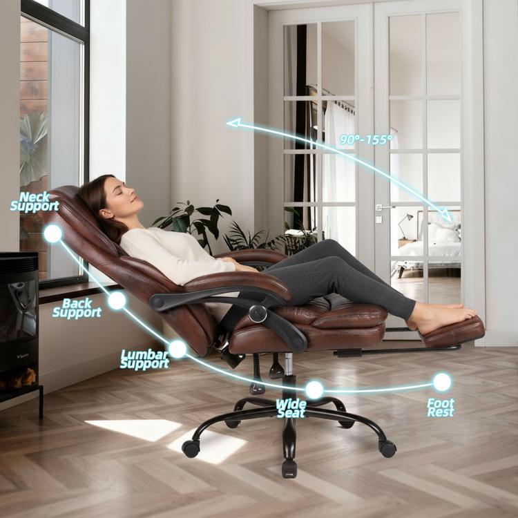 Brown reclining office chair with footrest, wide seat, and back and lumbar support