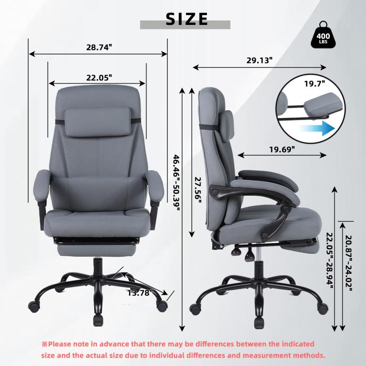 Grey high-back office chair with recline base, padded seat, and adjustable armrests