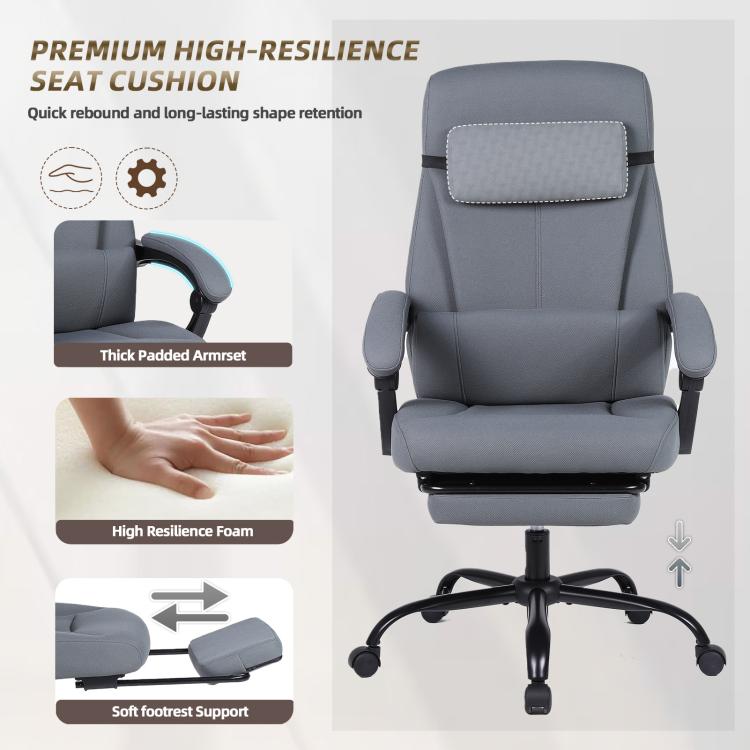 Grey padded office chair backrest with stitched headrest and cushioned footrest support