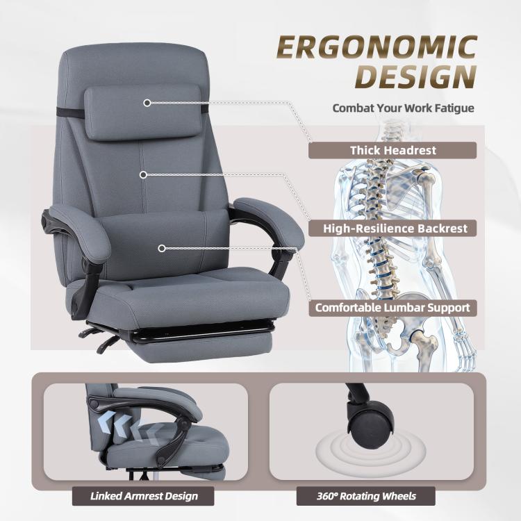 Grey ergonomic office chair with padded headrest, lumbar support, and recline backrest