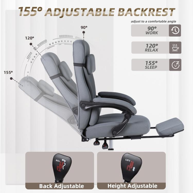 Grey reclining office chair with adjustable back, cushioned seat, and extended footrest