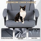 Grey linen-look fabric office chair with padded armrests and thick cushioned seat