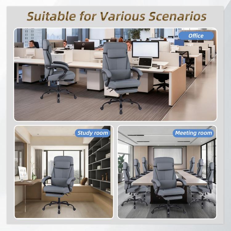 Grey fabric office chair with high back and cushioned seat for home office use