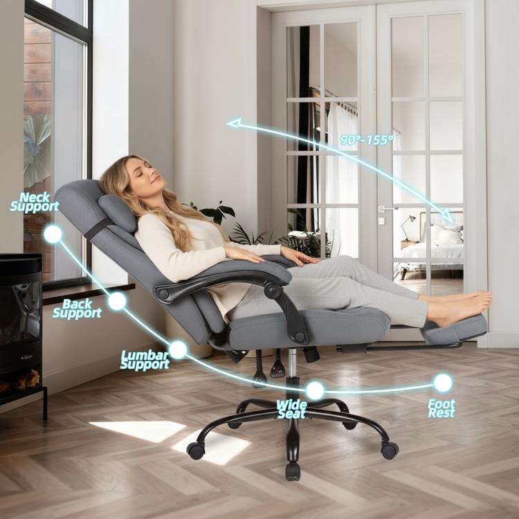 Grey reclining office chair with lumbar and neck support, wide seat, and footrest