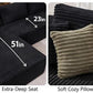 Black corduroy sectional sofa showing deep seat and wide armrest