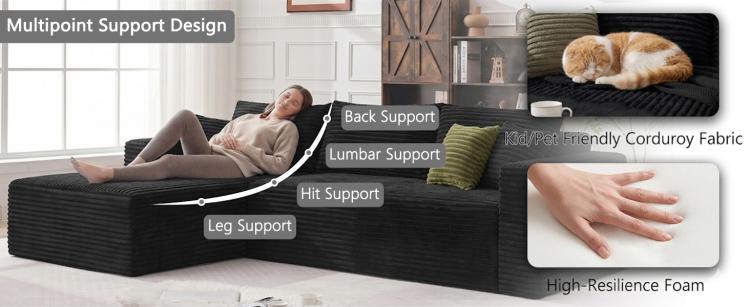 Black corduroy sectional sofa with back, lumbar, and leg support cushions