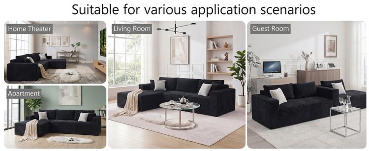 Black modular sectional sofa with square throw pillows and chaise