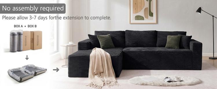 Black corduroy sectional sofa with modular design and stacked seat cushions
