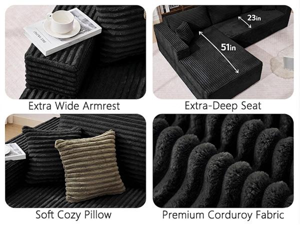 Black corduroy L-shape sectional sofa with wide armrest and deep seating cushions