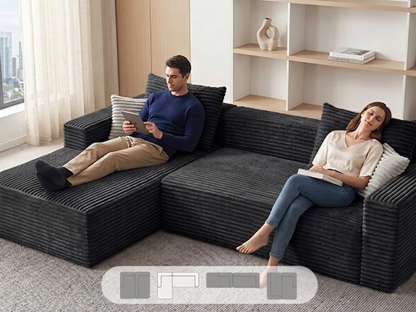 Black corduroy sectional sofa with chaise and corner seating for lounging