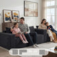 Black corduroy modular sectional sofa with deep seats and supportive back cushions