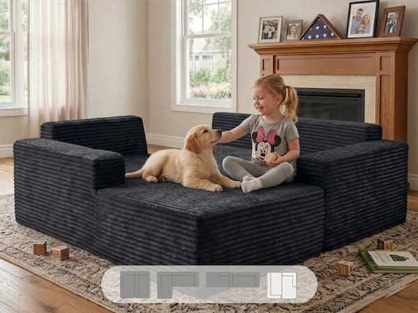 Black corduroy L-shaped sectional sofa with sturdy arms and spacious chaise seat