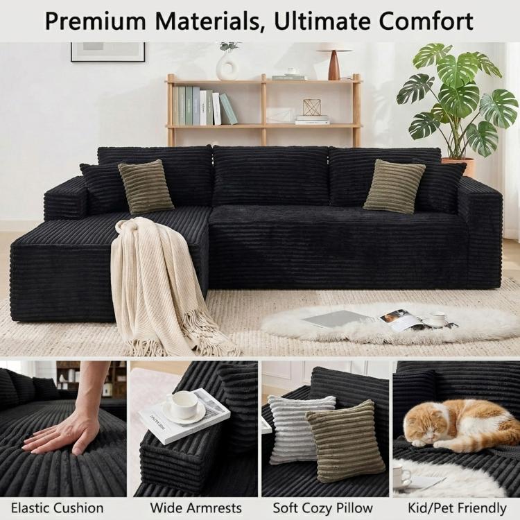 Black corduroy modular sectional sofa with throw pillows and wide armrests
