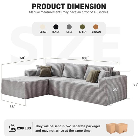 108 inch Modular Sectional Sofa Boneless Couches for Living Room, L-Shaped Cloud Couch with Oversized Chaise, Corduroy Upholstered with Deep Seat Couch, No Assembly for Apartment Bedroom