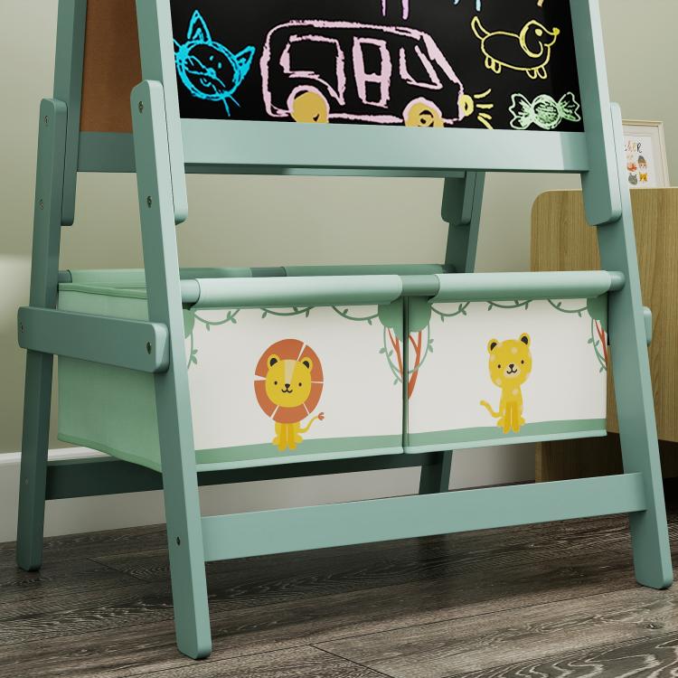 Green kids art easel with double-sided board and two storage baskets
