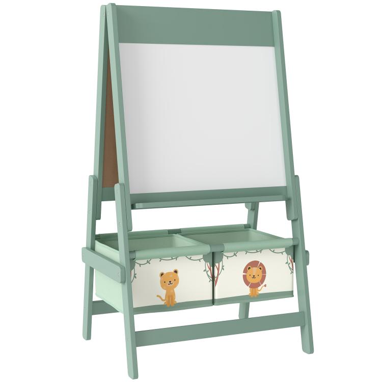 Green kids art easel with blank whiteboard and two storage baskets
