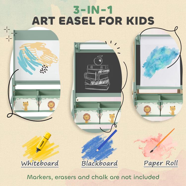 Kids art easel diagram showing whiteboard, blackboard, and paper roll