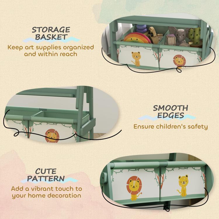Kids art easel features: storage baskets, smooth edges, cute storage bins