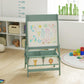 Green kids art easel with whiteboard drawing area and two front storage bins