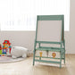 Green kids art easel with blank whiteboard panel and two lower storage bins