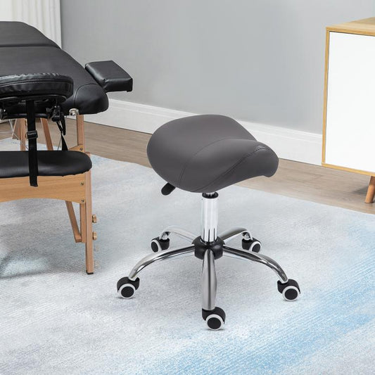 Gray height-adjustable saddle stool on chrome base with swivel casters