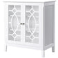 White display cabinet with two glass doors, arched decorative window panels, and round knobs