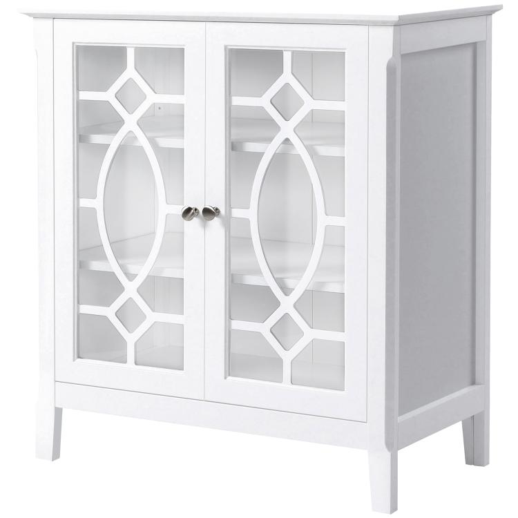 White display cabinet with two glass doors, arched decorative window panels, and round knobs