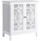 White sideboard display cabinet with double glass doors and decorative geometric panels
