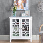 White sideboard display cabinet with double glass doors and geometric lattice-style inserts