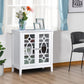 White cabinet with two framed glass doors featuring decorative geometric pattern openings