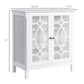 White sideboard cabinet with double glass doors and elevated legs for display storage