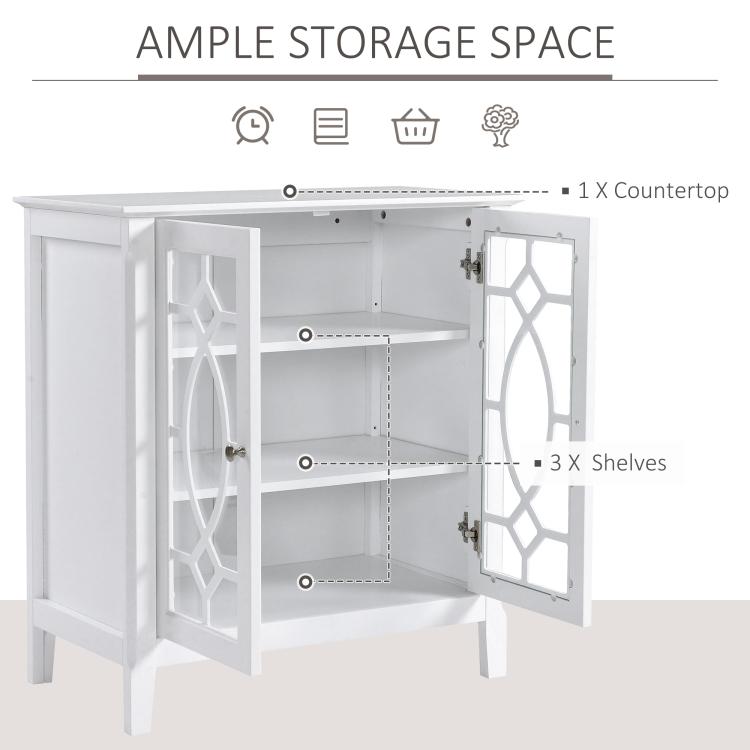 White cabinet interior with adjustable shelves behind double glass doors and upper countertop
