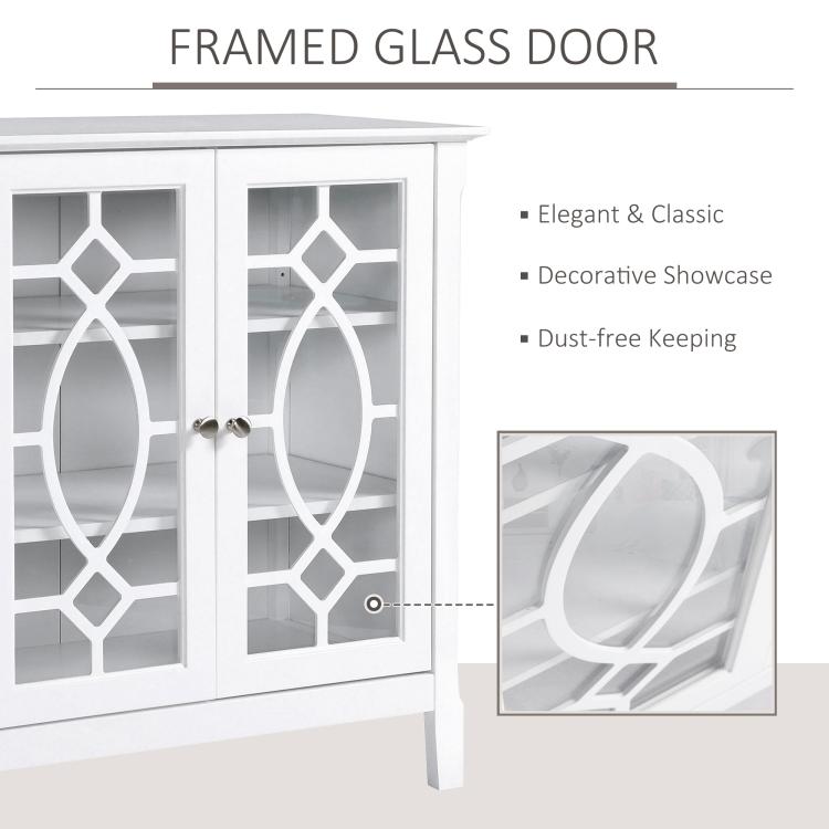 Close view of white framed glass cabinet doors with arched and diamond decorative inserts