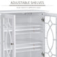Adjustable shelving inside a white sideboard cabinet with double glass doors
