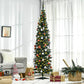 Pre-lit artificial pencil Christmas tree with warm white LEDs and red-and-gold ornaments