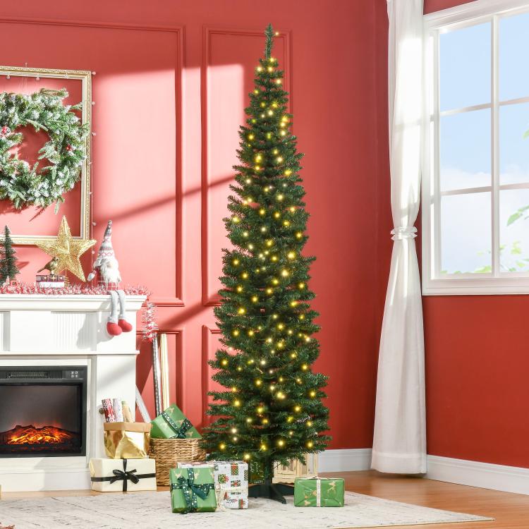 Artificial pencil Christmas tree with warm white lights and green needles, star base