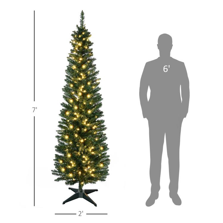 7 ft slim pre-lit artificial pencil Christmas tree with warm white LEDs and star base
