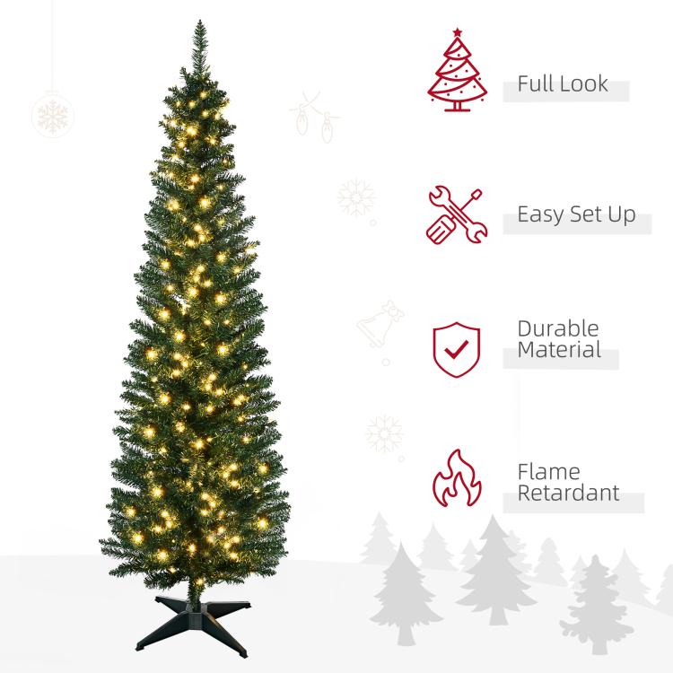 Artificial pencil Christmas tree with warm white LED lights and dark tripod star stand