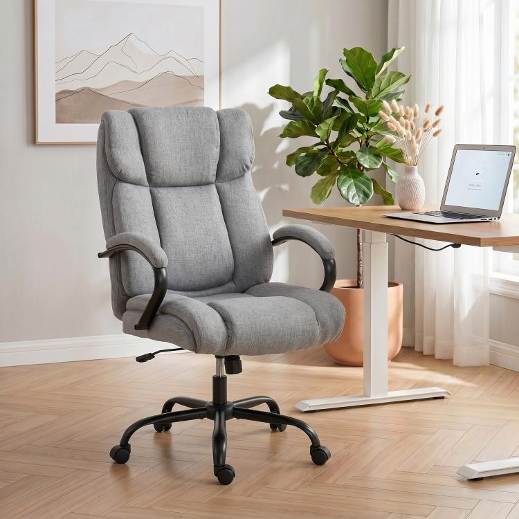 Light grey high-back office chair with padded arms and wide cushioned seat