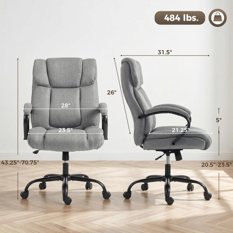Light grey high-back chair side profile with thick seat cushion and padded armrests