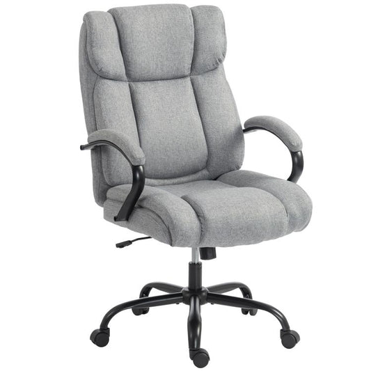 Light grey high-back office chair with padded armrests, wide seat, swivel base