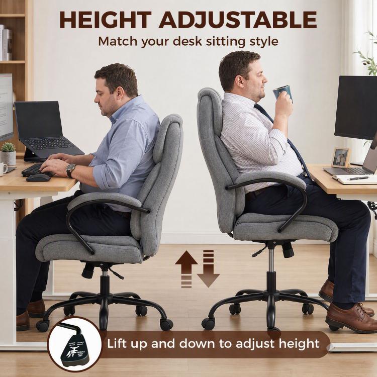 Light grey executive office chair with padded arms and swivel base on casters
