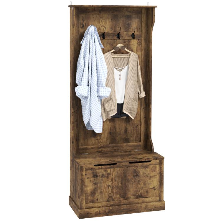 Rustic brown hall tree with coat hooks and open bench storage
