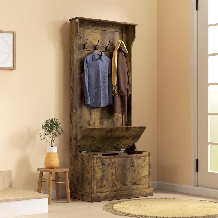Rustic brown hall tree with coat hooks and bench storage cabinet