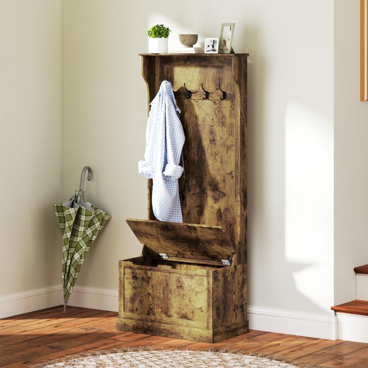 Rustic brown hall tree with coat hooks and open storage bench